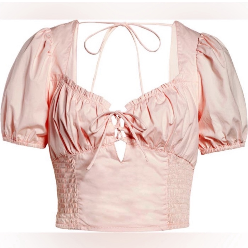 Astr Blush Pink Puff Sleeve Crop Top Puff Sleeve Smocked Poplin Blouse Preppy S
